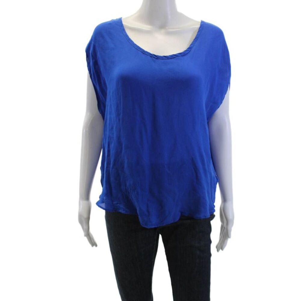 Emille Womens Silk Scoop Neck Sleeveless Slit Open Back Blouse Top Blue Size XS